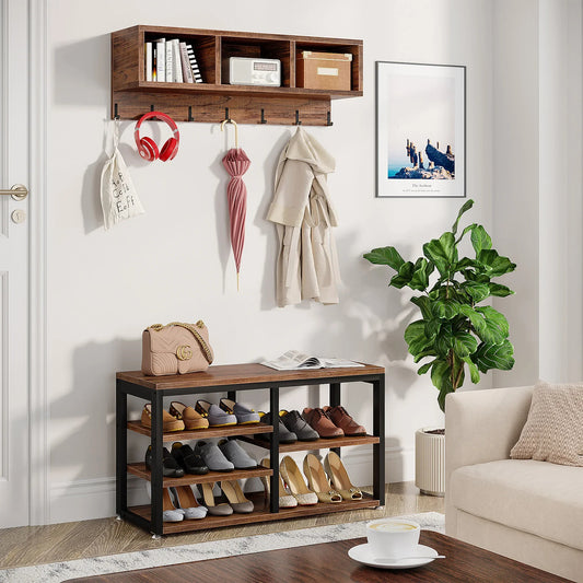 Upgrade your entryway with this stylish coat rack and shoe bench combo featuring 3 cubbies, 7 hooks, and rustic wood for efficient and elegant storage.
