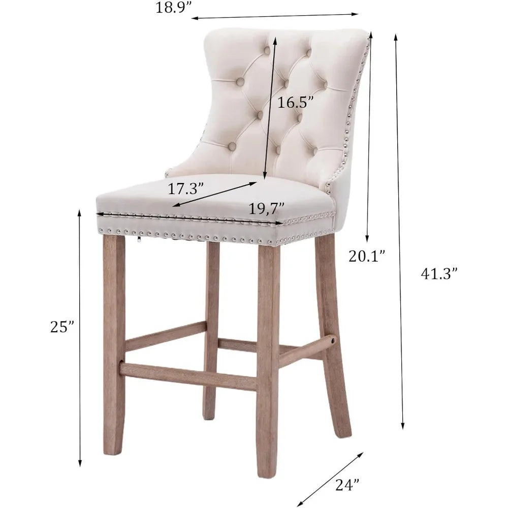 Set of 4 Modern Velvet Bar Stools – Beige Tufted Counter Height Chairs with Wood Legs & Nailhead Trim
