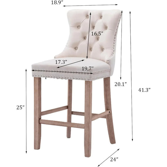 Set of 4 Modern Velvet Bar Stools – Beige Tufted Counter Height Chairs with Wood Legs & Nailhead Trim