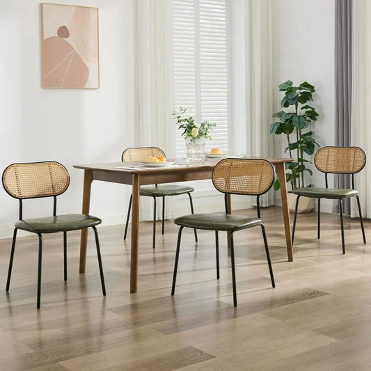 Set of 4 Green Faux Leather & Rattan Mid-Century Dining Chairs – Metal Frame, Boho Chic Design