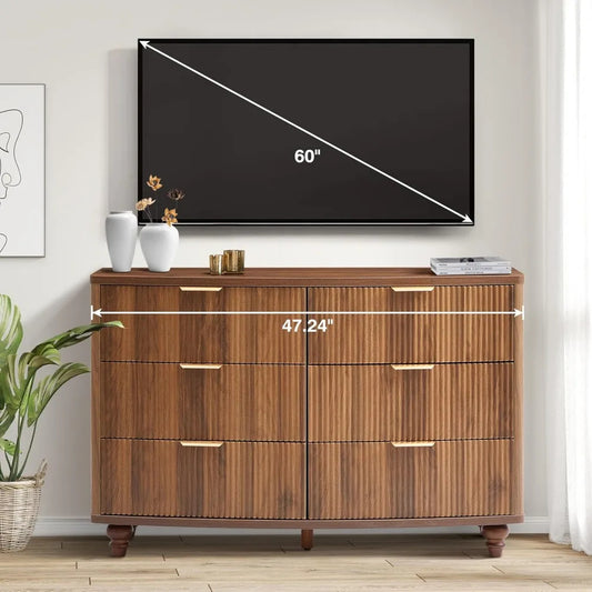 Walnut 6-Drawer Fluted Dresser – Mid-Century Modern Storage Chest for Bedroom, Closet, or TV Stand