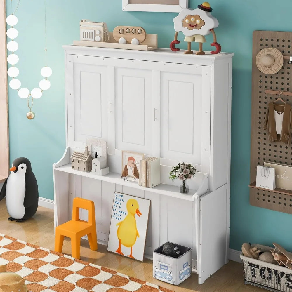 Queen Size Murphy Bed with Storage Shelf – Foldable Wall Bed Frame with Desk & Bookshelf for Guest Room or Home Office