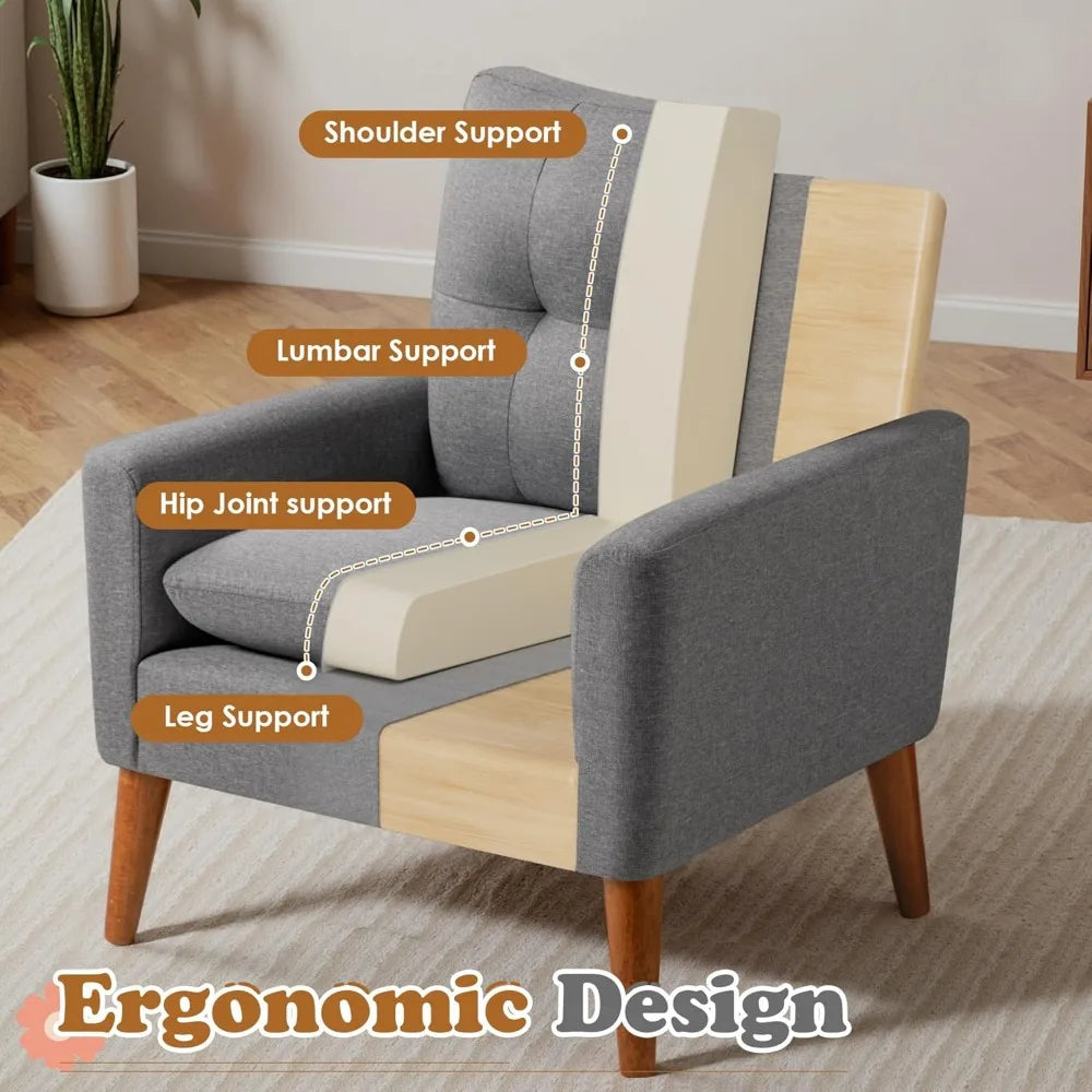 Set of 2 Mid-Century Modern Accent Chairs – Tufted Fabric Armchairs with Wood Legs for Living Room, Bedroom, or Reading Nook