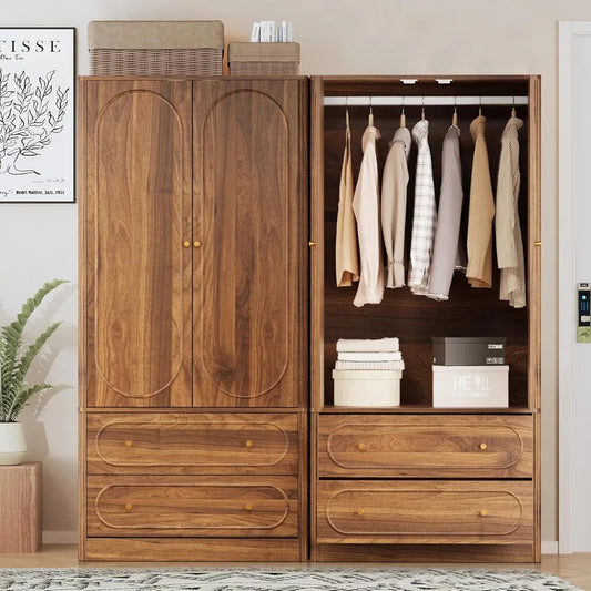 Set of 2 Freestanding Wardrobe Closets with Fluted Doors & Drawers – Modern Armoire Storage Cabinets, Walnut Finish