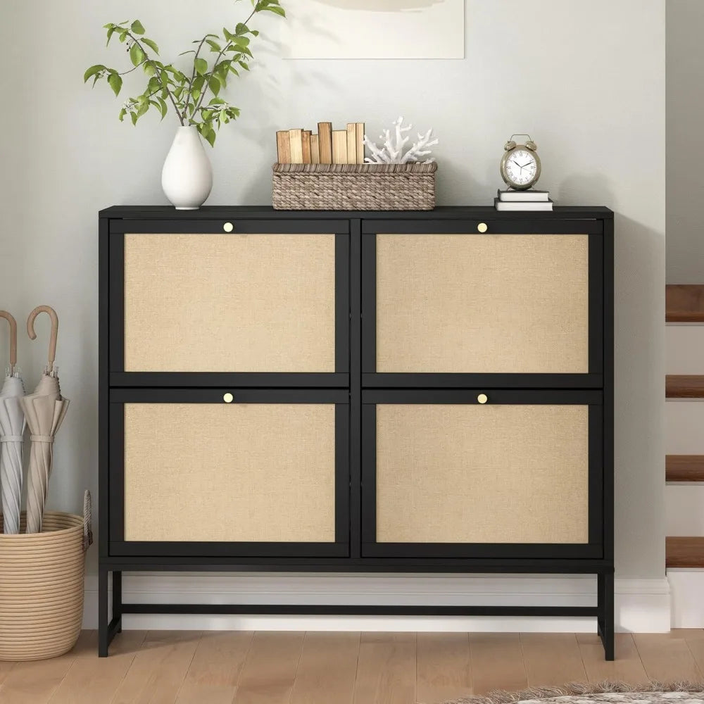 Slim Shoe Cabinet with 4 Flip Drawers – Narrow Freestanding Shoe Organizer with Fabric Panels & Metal Legs for Entryway (Black, 8-Tier)