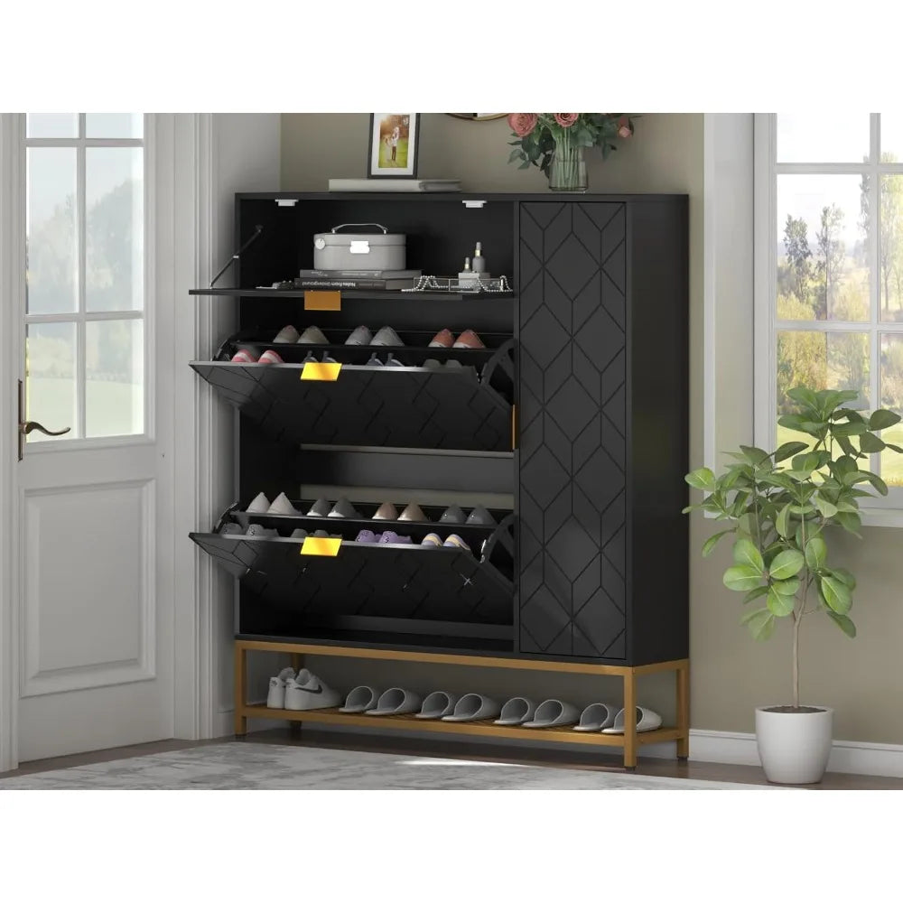 Slim Freestanding Shoe Cabinet with 2 Flip Drawers & Adjustable Shelves – Narrow Entryway Storage Rack