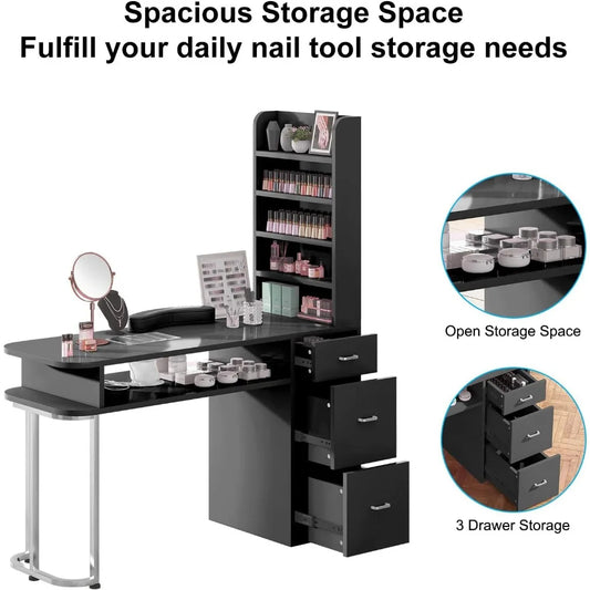 Professional Manicure Table with Dust Collector – Large Nail Station with Drawers & Side Cabinet