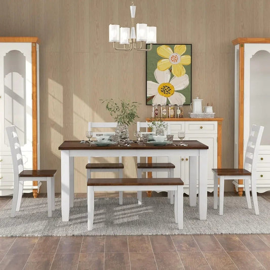 Rustic 6-Piece Dining Table Set with Bench & 4 Padded Chairs – Farmhouse Wood Table in Walnut + Cottage White
