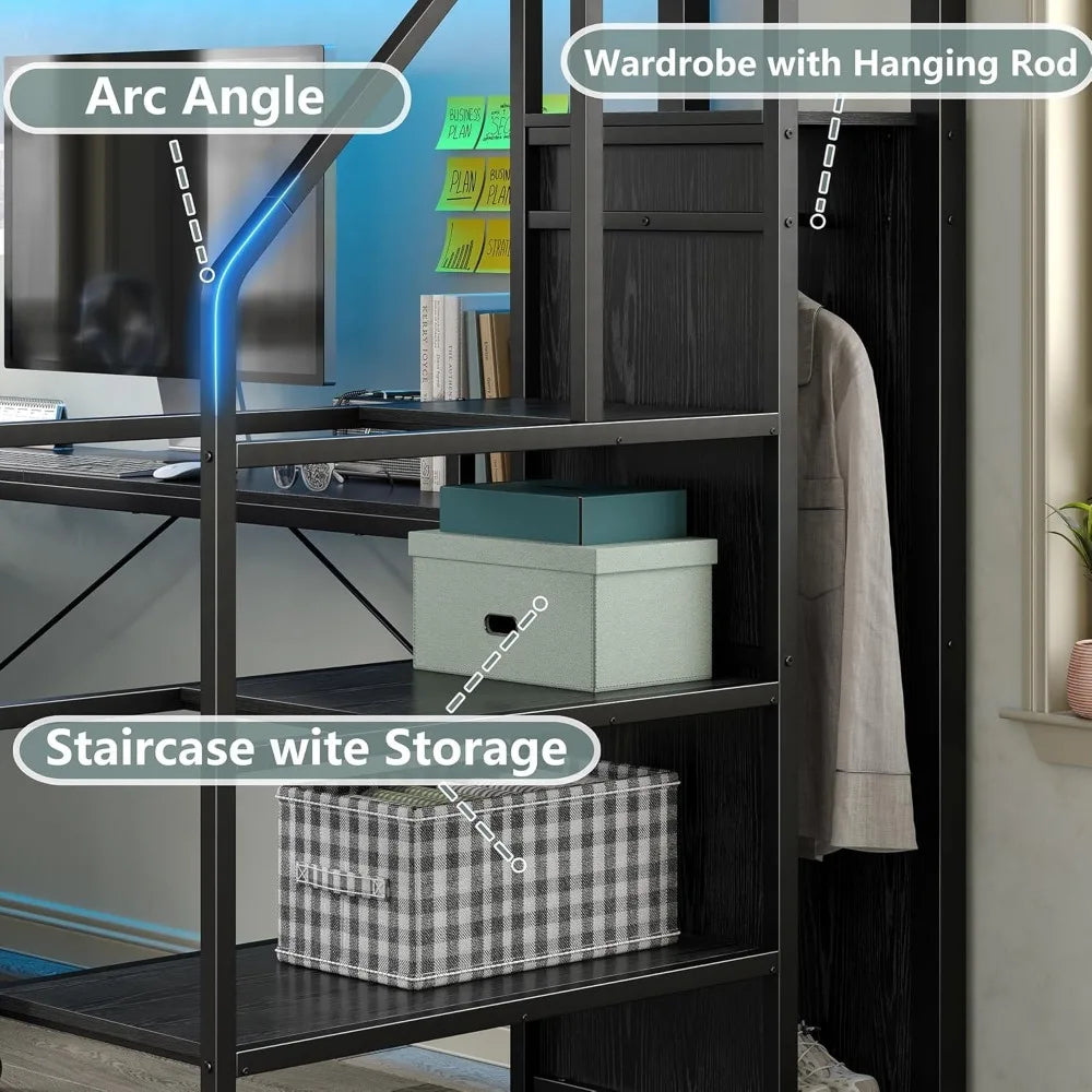 Twin Loft Bed with Desk, Storage Stairs, Wardrobe & RGB LED Lights – Metal Frame Loft Bed with USB Ports, Outlets, Charging Station