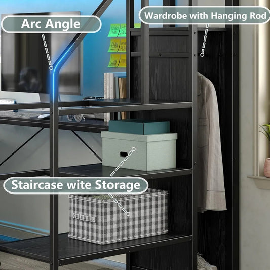 Twin Loft Bed with Desk, Storage Stairs, Wardrobe & RGB LED Lights – Metal Frame Loft Bed with USB Ports, Outlets, Charging Station