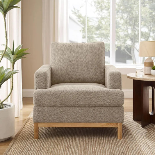 Oversized Mid-Century Accent Chair – Boucle Upholstered Armchair for Living Room or Bedroom (Camel)