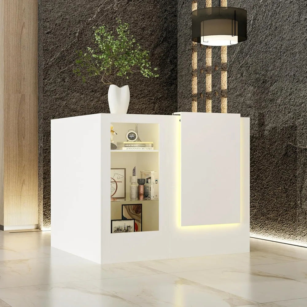 Reception Desk with LED Lights – Modern Front Counter with Glass Display, Storage Shelves & Adjustable Glass Panels for Salon, Clinic, or Retail