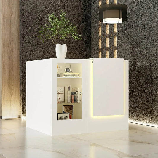 Reception Desk with LED Lights – Modern Front Counter with Glass Display, Storage Shelves & Adjustable Glass Panels for Salon, Clinic, or Retail