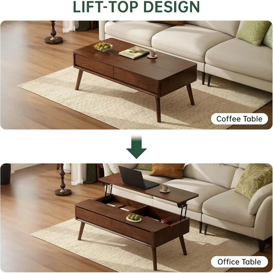 Solid Oak Lift-Top Coffee Table – Walnut Finish with Hidden Storage & Drawers for Living Room Functionality
