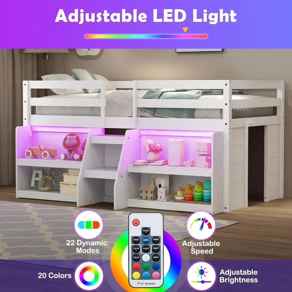 Twin Low Loft Bed with LED Lights, Storage Bookcases & Under-Bed Play Space – Wooden Loft Bed Frame with Staircase for Kids