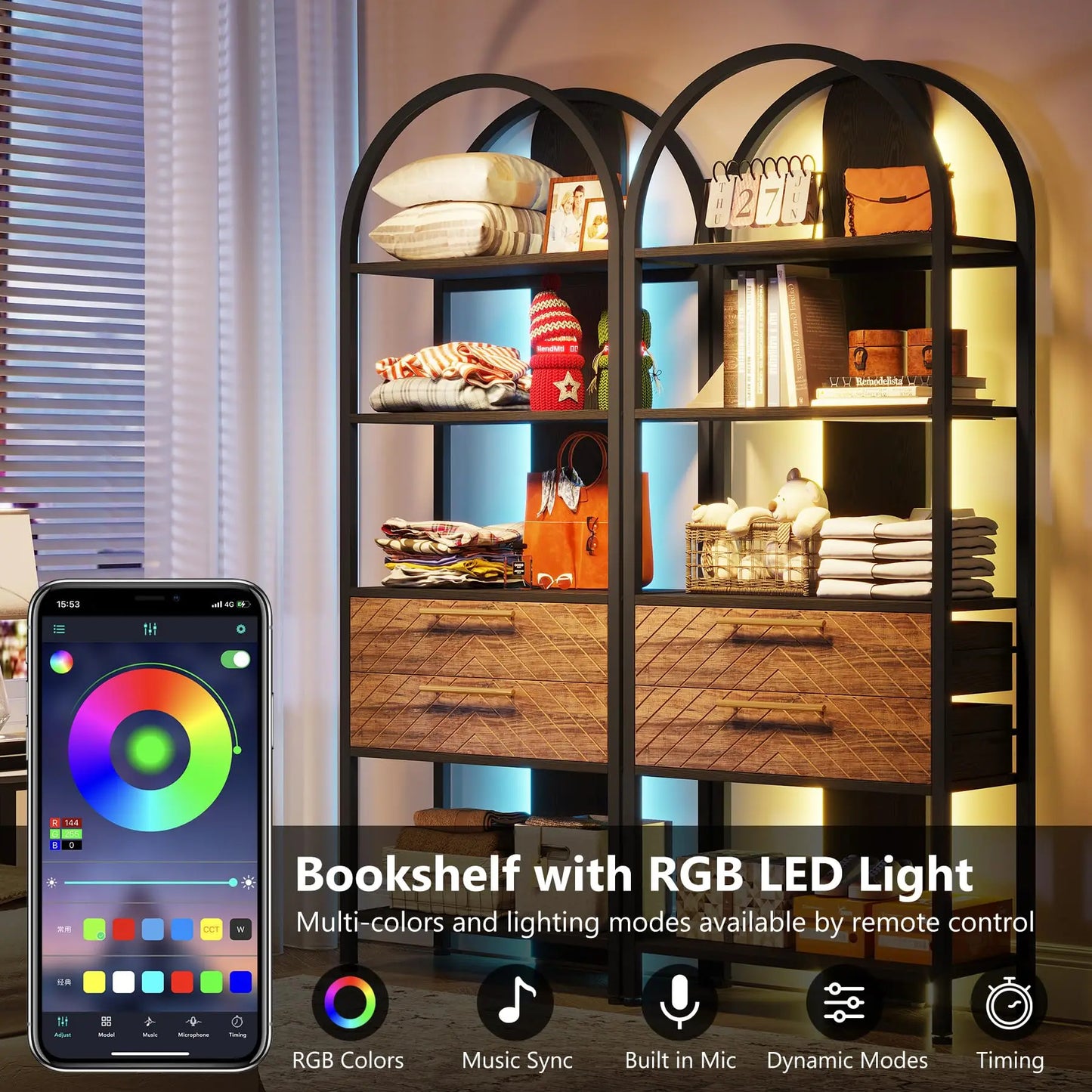 Tall Arched Bookshelf with Drawers and LED – Modern Open Storage Display for Living Room or Office