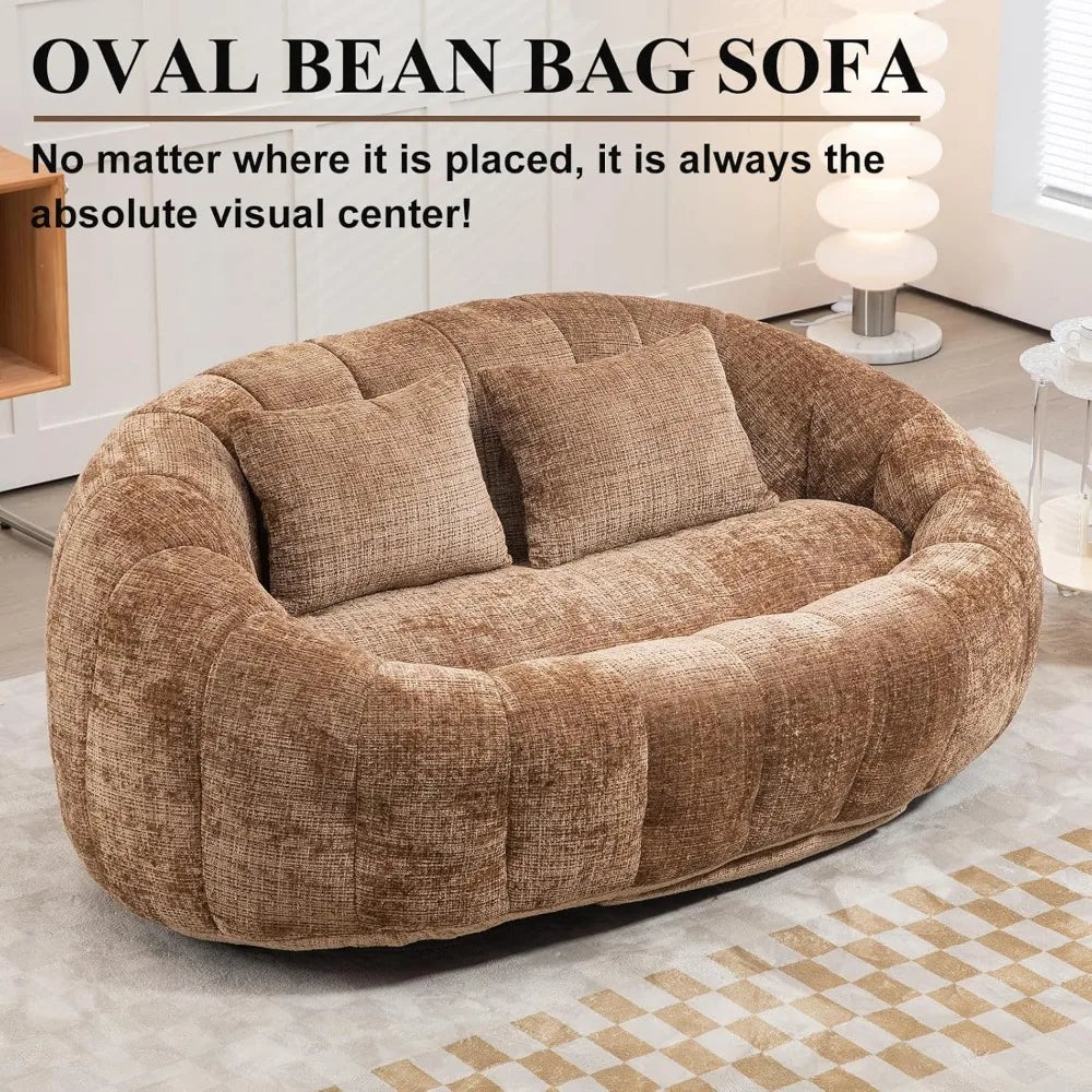 Oversized Oval Bean Bag Chair – Chenille Upholstery, Tufted Backrest, Memory Foam Filled