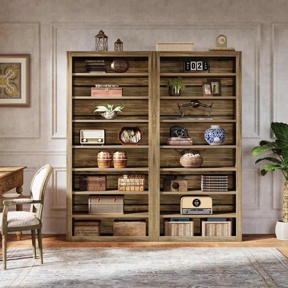 Set of 2 – 70.6" Tall 8-Tier Bookshelves, Large Adjustable Wood Bookcases with Rustic Display Shelves, Farmhouse Style Storage for Home or Office
