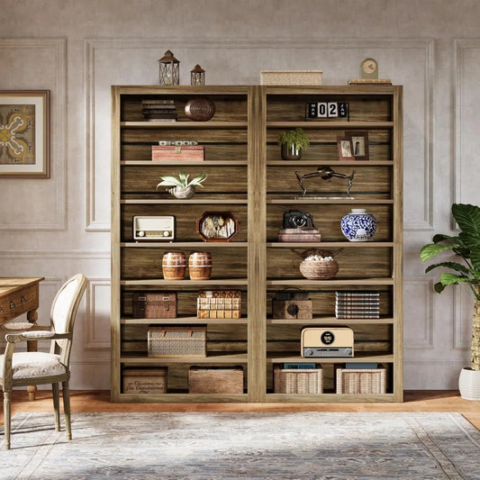 Set of 2 – 70.6" Tall 8-Tier Bookshelves, Large Adjustable Wood Bookcases with Rustic Display Shelves, Farmhouse Style Storage for Home or Office