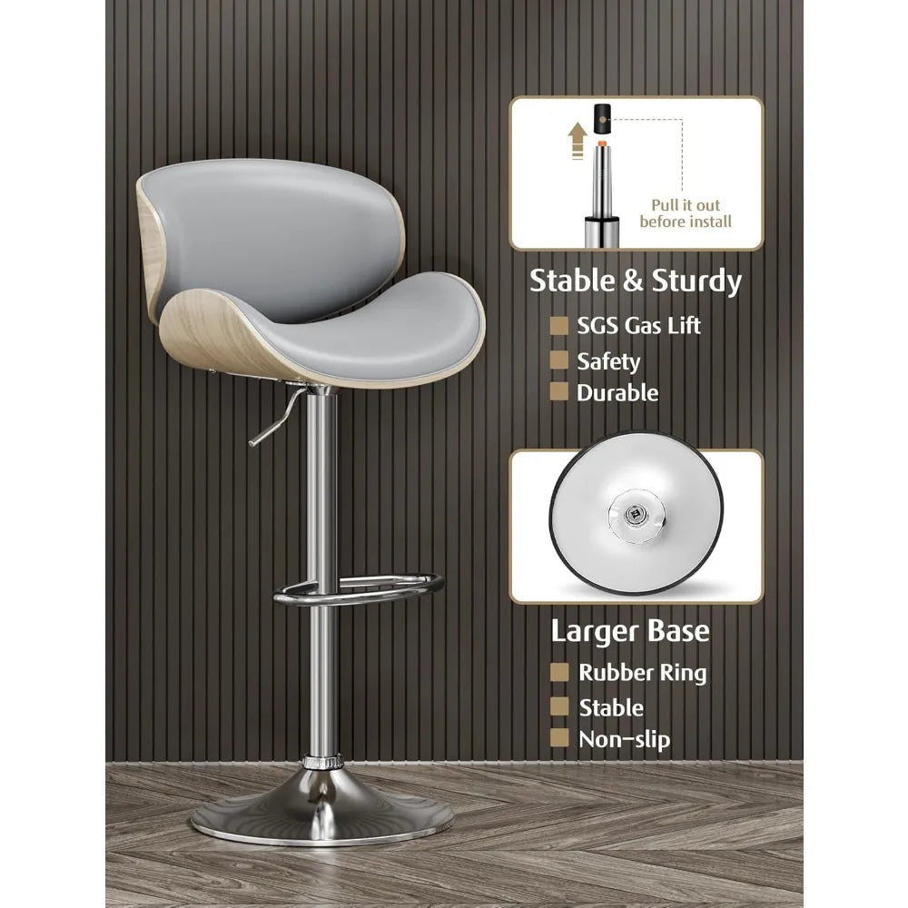 Set of 2 Adjustable Swivel Bar Stools – PU Leather Mid-Century Modern Chairs with Backrest & Footrest, Bentwood Frame (Counter Height)