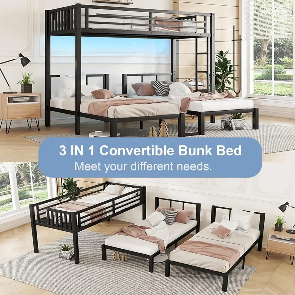 Triple Bunk Bed with LED Lights & Charging Station – Convertible 3-Tier Metal Bunk for Kids with Shelf & Storage Table