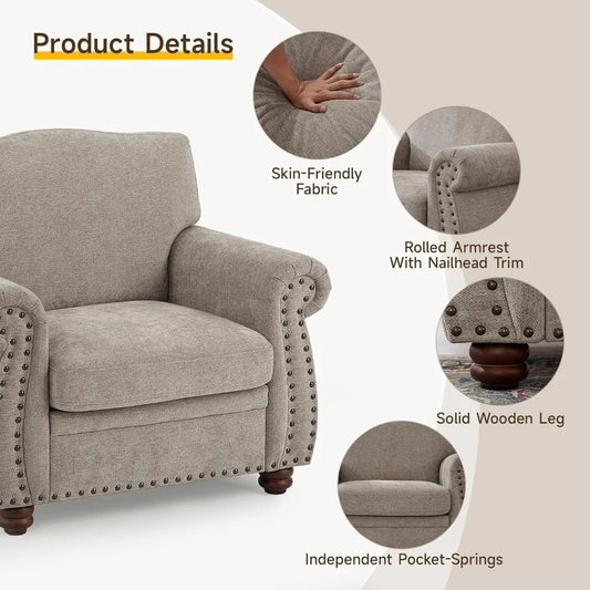 Nailhead Trim Armchair – Rolled Arm Chenille Accent Chair with Spring Cushions & Wood Legs, Beige Club Chair for Living Room