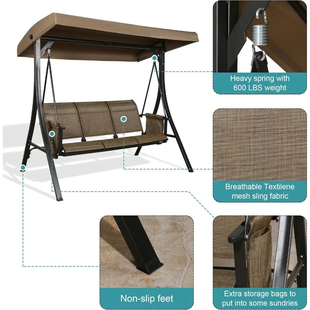 Outdoor 3-Seater Porch Swing Chair with Stand – Adjustable Canopy, Mesh Seats, Storage Pockets, and Steel Frame, Brown