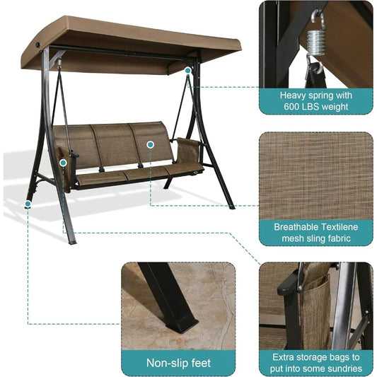 Outdoor 3-Seater Porch Swing Chair with Stand – Adjustable Canopy, Mesh Seats, Storage Pockets, and Steel Frame, Brown