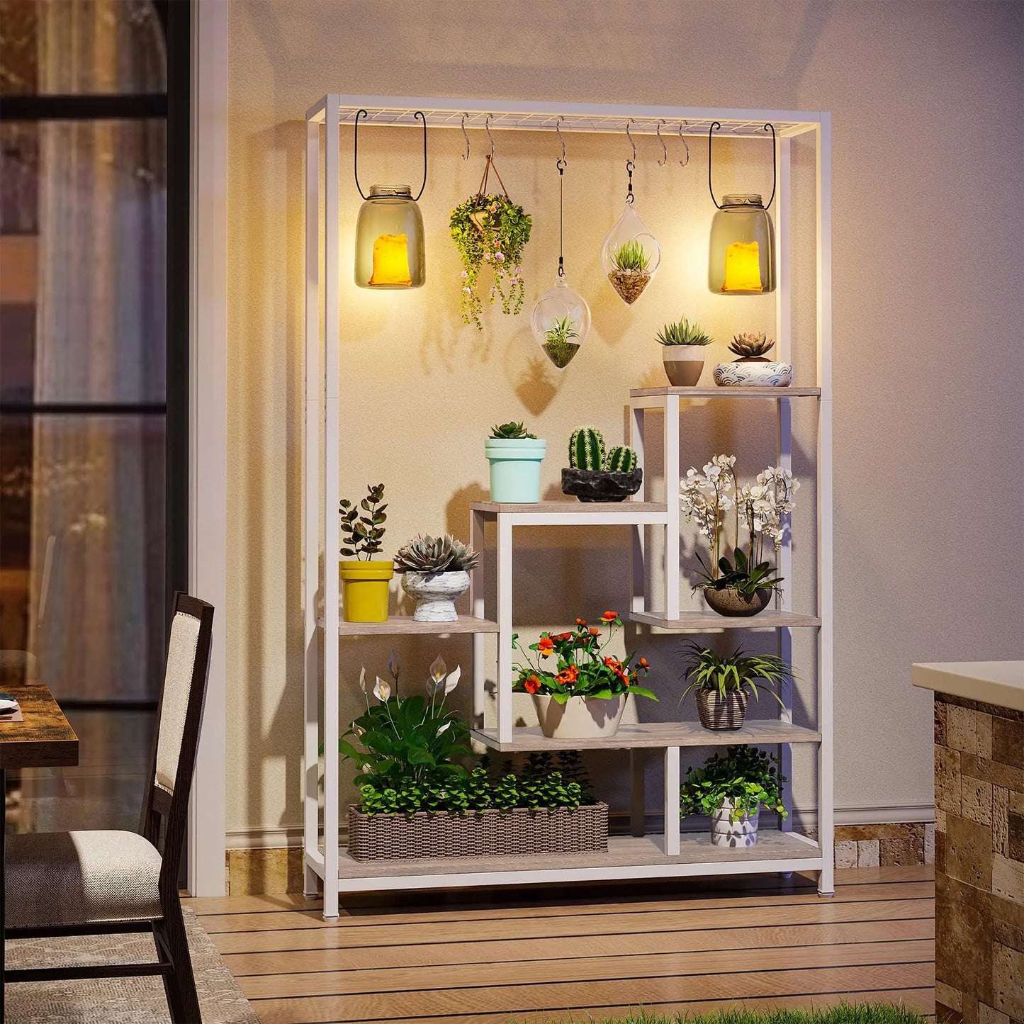 Tall 5-Tier Indoor Plant Stand with Hooks – Metal Flower Display Rack with 7 Shelves for Balcony & Living Room