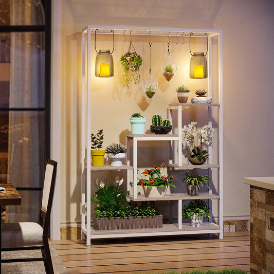 Tall 5-Tier Indoor Plant Stand with Hooks – Metal Flower Display Rack with 7 Shelves for Balcony & Living Room