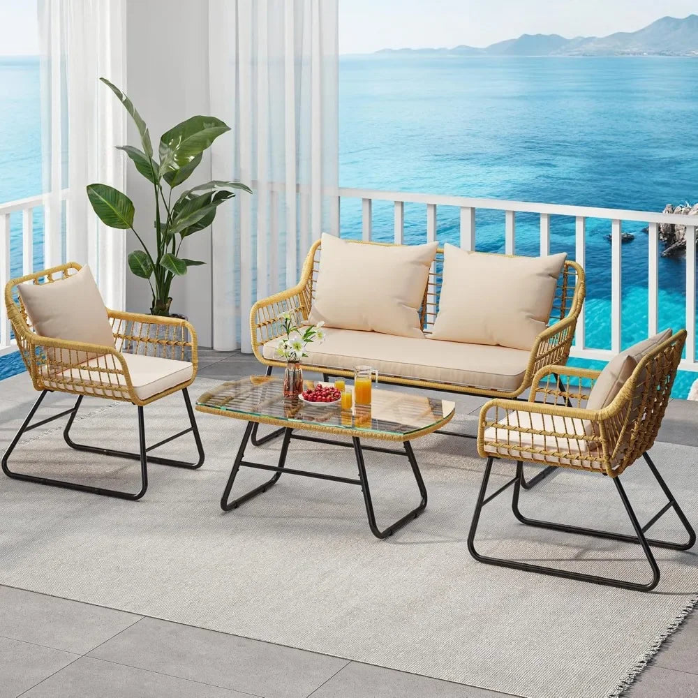 4-Piece Outdoor Wicker Patio Set – Rattan Conversation Furniture with Cushions & Tempered Glass Table