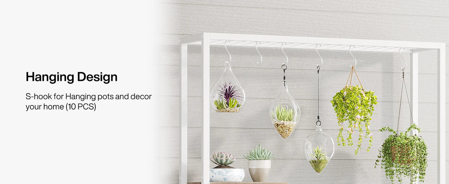 Tall 5-Tier Indoor Plant Stand with Hooks – Metal Flower Display Rack with 7 Shelves for Balcony & Living Room