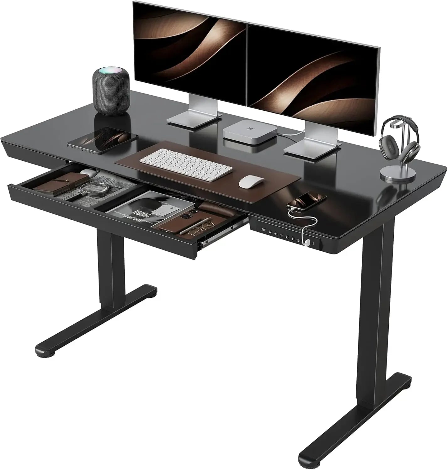 48×24 Electric Standing Desk with Glass Top – Adjustable Height Sit-Stand Desk with Drawers, Quick Assembly