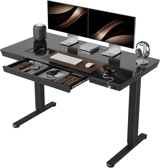 48×24 Electric Standing Desk with Glass Top – Adjustable Height Sit-Stand Desk with Drawers, Quick Assembly