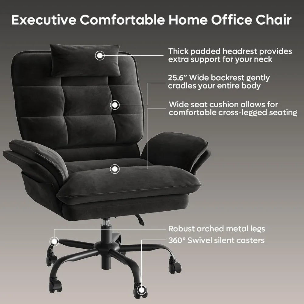 Velvet Executive Office Chair with Flip-Up Arms, 135° Reclining Ergonomic Desk Chair, Wide High Back with Headrest & Storage Pockets – Black