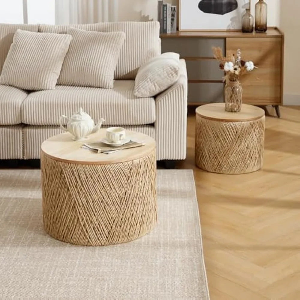 Set of 2 Rustic Round Nesting Coffee Tables – Handwoven Wooden Side Tables for Living Room & Small Spaces