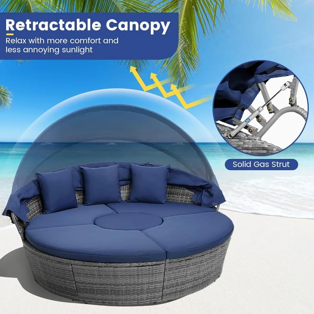 Round Outdoor Rattan Daybed with Canopy, Adjustable Table & Cushions – Modular Patio Lounge Set