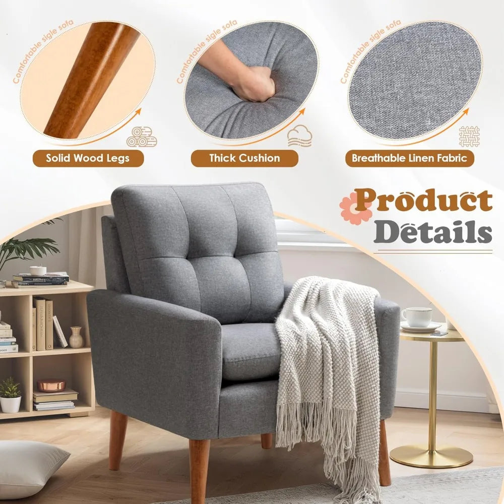 Set of 2 Mid-Century Modern Accent Chairs – Tufted Fabric Armchairs with Wood Legs for Living Room, Bedroom, or Reading Nook