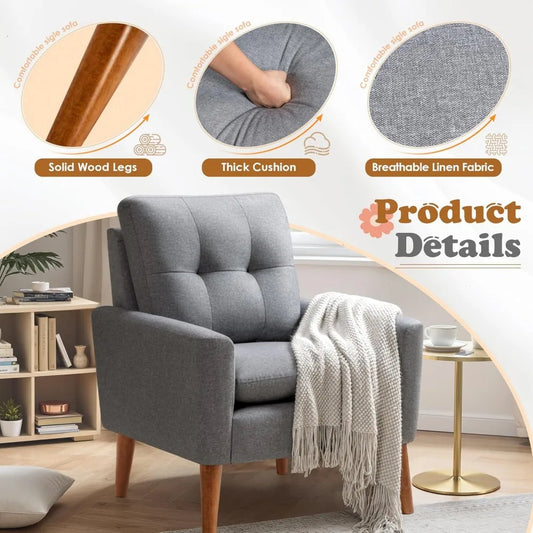 Set of 2 Mid-Century Modern Accent Chairs – Tufted Fabric Armchairs with Wood Legs for Living Room, Bedroom, or Reading Nook