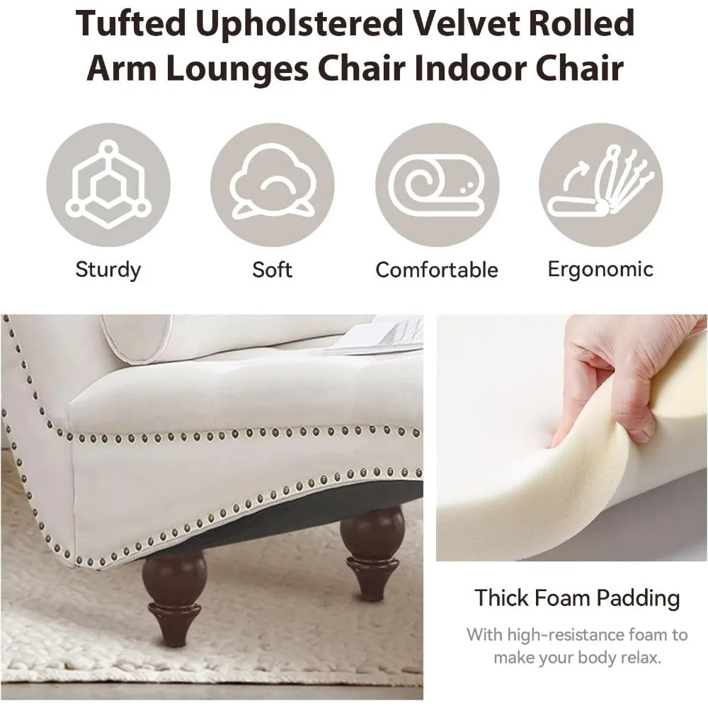 Velvet Tufted Chaise Lounge Chair with Pillow – Upholstered Indoor Recliner with Wood Legs & Ergonomic Curved Design (Beige)
