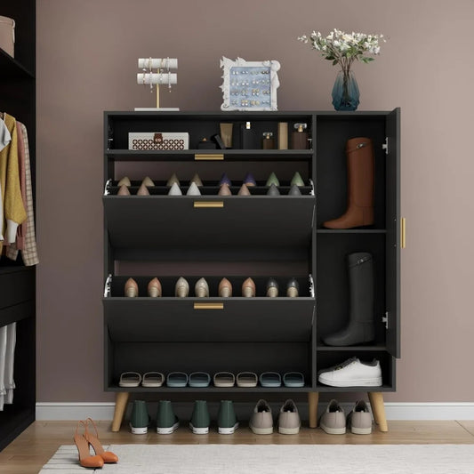 Shoe Cabinet with 2 Flip Drawers & Side Storage – Adjustable Shelves for Entryway and Hallway Organization