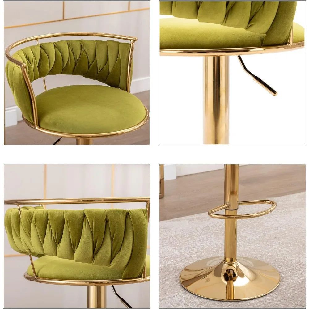 Set of 2 Modern Velvet Swivel Bar Stools – Adjustable Height Counter Chairs with Gold Base