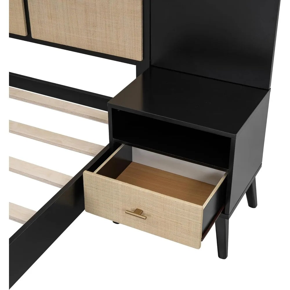 Queen Size Platform Bed Frame with 2 Nightstands & Built-In Lamps – Elegant Rattan & Wood Headboard Design (Black)
