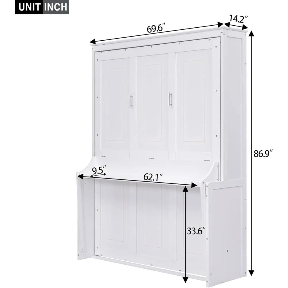 Queen Size Murphy Bed with Storage Shelf – Foldable Wall Bed Frame with Desk & Bookshelf for Guest Room or Home Office