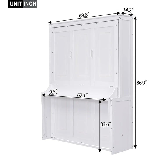 Queen Size Murphy Bed with Storage Shelf – Foldable Wall Bed Frame with Desk & Bookshelf for Guest Room or Home Office