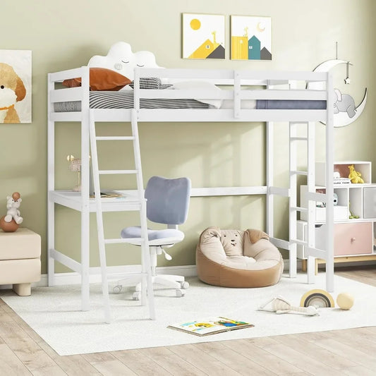 Twin Loft Bed with Desk – Solid Wood Frame, Safety Guardrails, Dual Ladders, Space-Saving Design for Teens & Adults, White