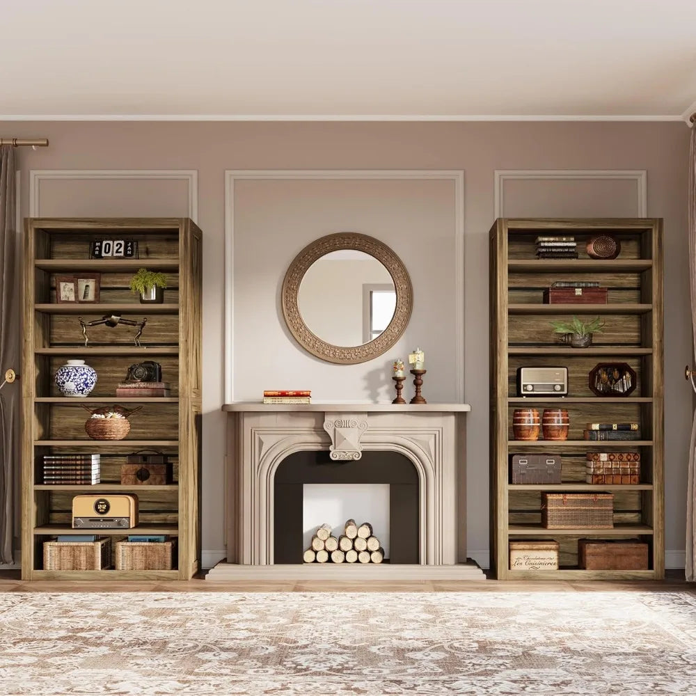 Set of 2 – 70.6" Tall 8-Tier Bookshelves, Large Adjustable Wood Bookcases with Rustic Display Shelves, Farmhouse Style Storage for Home or Office