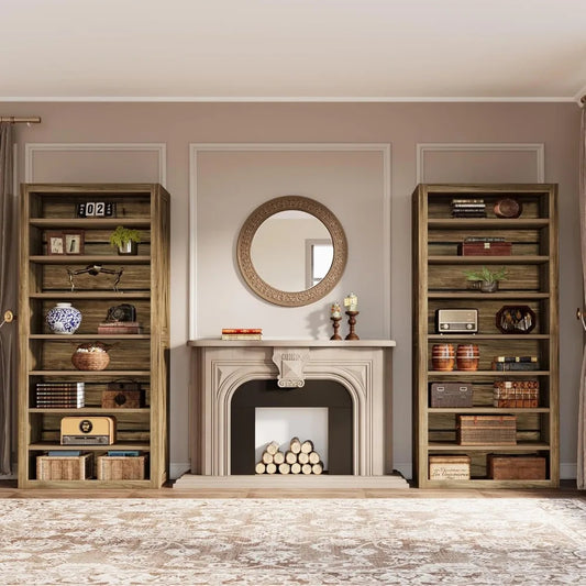 Set of 2 – 70.6" Tall 8-Tier Bookshelves, Large Adjustable Wood Bookcases with Rustic Display Shelves, Farmhouse Style Storage for Home or Office