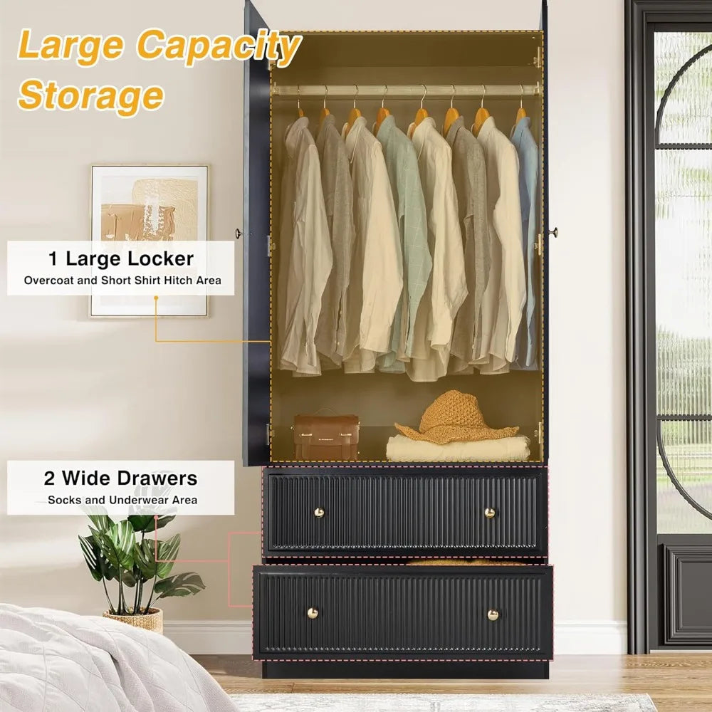 Set of 2 Black Freestanding Wardrobe Closets – 2-Door Armoire with Drawers, Modern Storage Cabinet for Clothes & Shoes