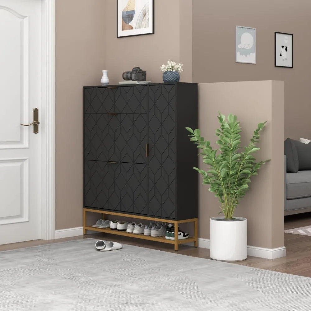 Slim Freestanding Shoe Cabinet with 2 Flip Drawers & Adjustable Shelves – Narrow Entryway Storage Rack